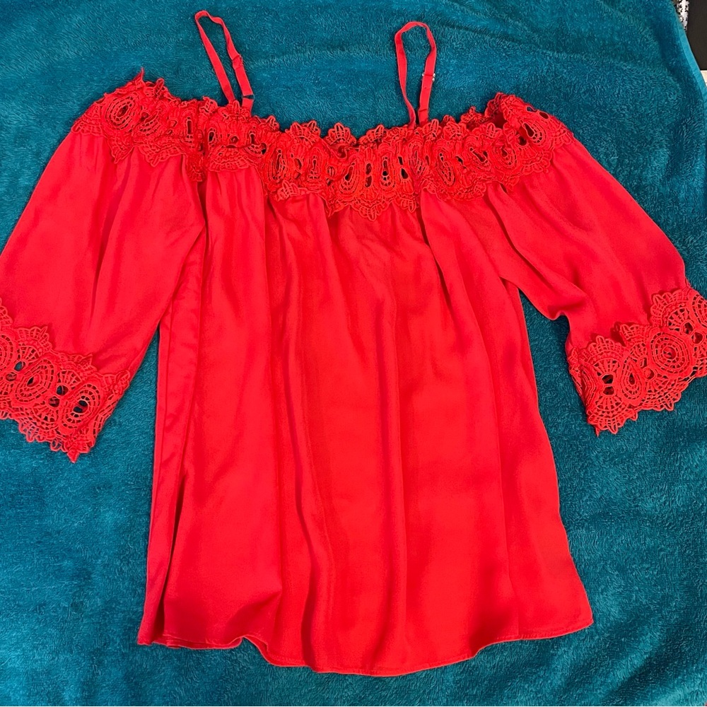 by & by Vibrant Red Lace Off-Shoulder Blouse